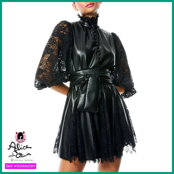 Alice + Olivia Dresses & Skirts - Alice + Olivia Mina Black Vegan Leather Lace Combo Mini Cocktail Dress